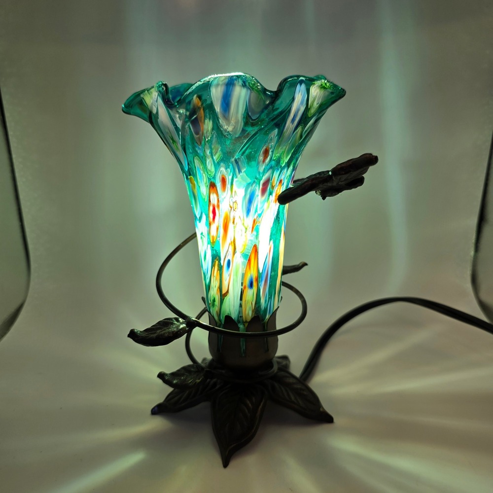 Murano Style Butterfly Lamp Teal Millefiori Art Ruffled Glass Shade Bronze Base